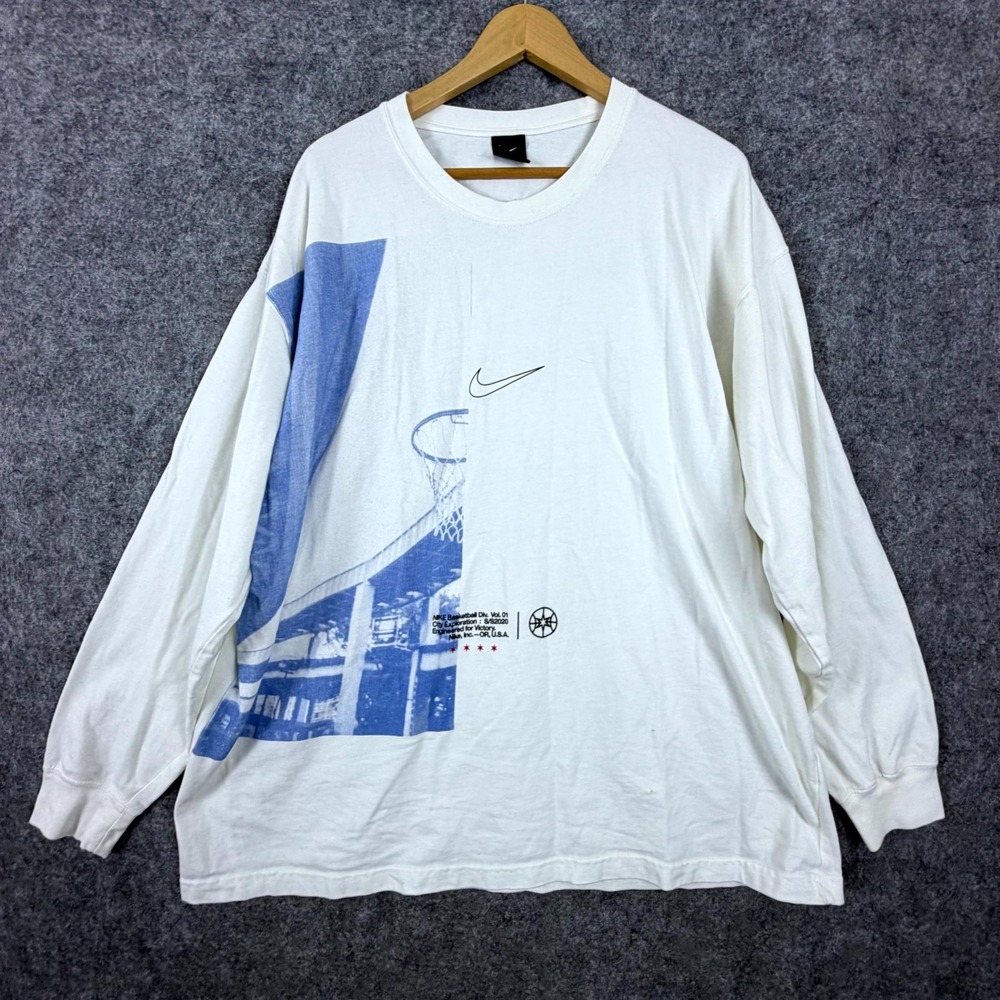 Nike Basketball Shirt Men 2XL White Blue Graphic Streetwear Long Sleeve Tee